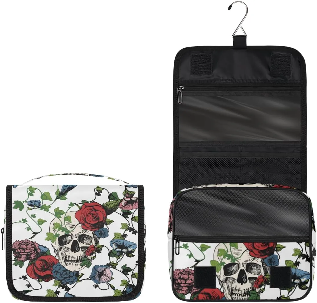 Sugar Skull Flower Toiletry Bag with Hanging Hook Travel Organizer Makeup Bag for Women Waterproof Accessories Toiletries Travel Essentials Personalized Birthday Valentines Day Gifts