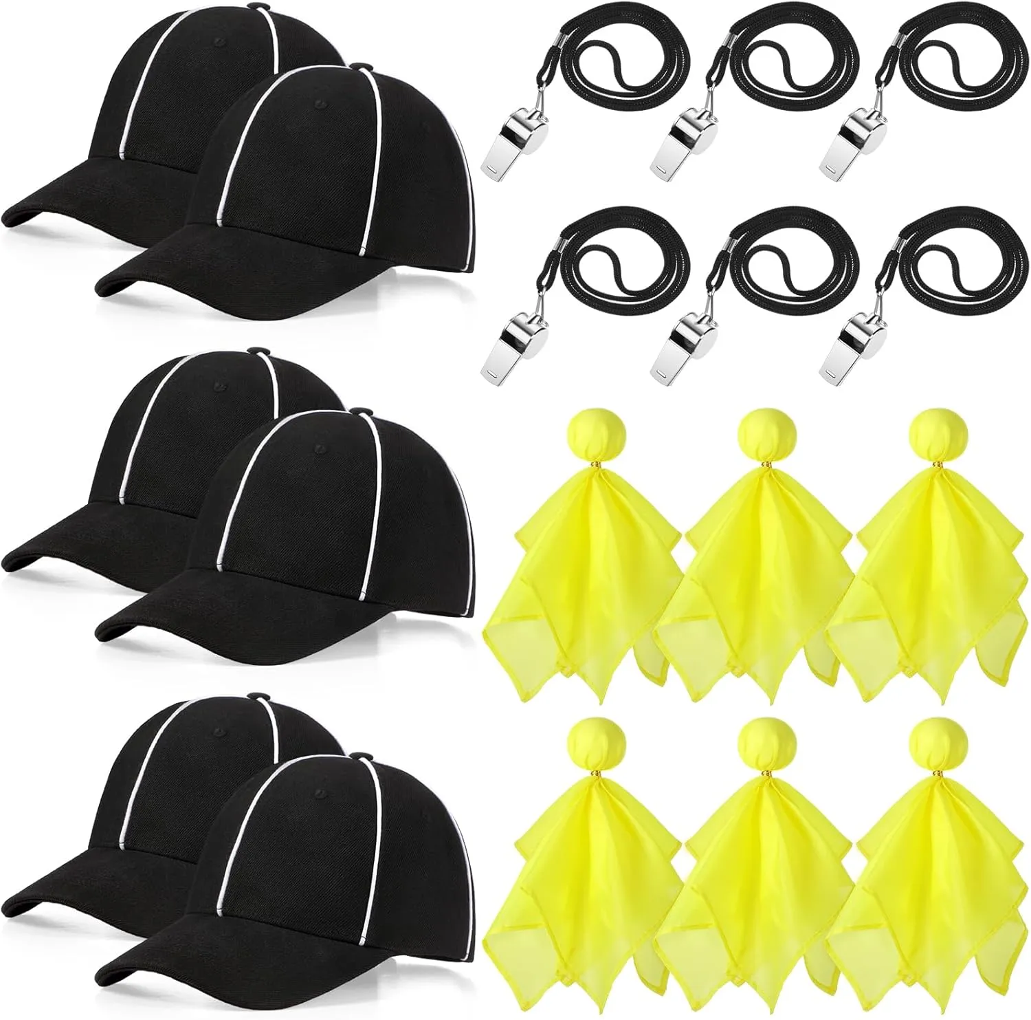 Suhine 6 Sets Football Referee Costume Kit Adjustable Soccer Hat Stainless Steel Whistle with Lanyard Penalty Tossing Flags for Halloween Umpire Judges Linesman Fan Sports Games Party