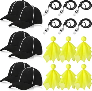 Suhine 6 Sets Football Referee Costume Kit Adjustable Soccer Hat Stainless Steel Whistle with Lanyard Penalty Tossing Flags for Halloween Umpire Judges Linesman Fan Sports Games Party