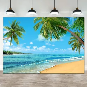 Summer Tropical Hawaii Palm Tree Or Beach Photography Backdrops Blue Sea Sky Sunshine Luau Party Photo Background Wedding Bride Shower Baby Birthday Party Banner Supplies Props 9x6ft