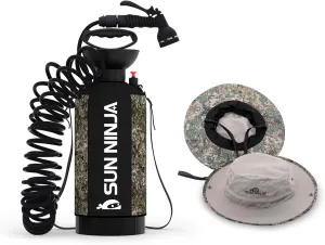 SUN NINJA Portable Shower and Bucket Hat Bundle with Multi-Spray Shower Head, Neoprene Cover, UPF 50  Reversible Sun Hat, Shoulder Strap - Outdoor Camping, Beach, Hiking & Sun Protection