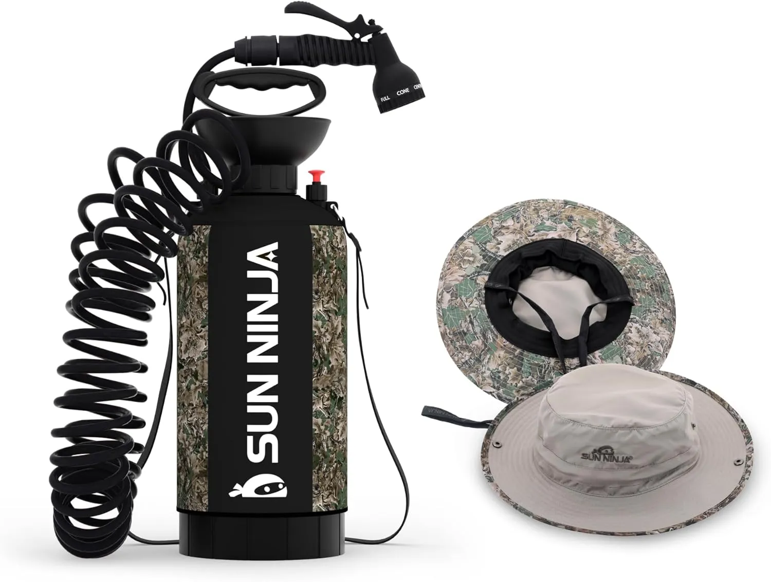 SUN NINJA Portable Shower and Bucket Hat Bundle with Multi-Spray Shower Head, Neoprene Cover, UPF 50  Reversible Sun Hat, Shoulder Strap - Outdoor Camping, Beach, Hiking & Sun Protection
