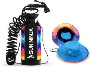 SUN NINJA Portable Shower and Bucket Hat Bundle with Multi-Spray Shower Head, Neoprene Cover, UPF 50  Reversible Sun Hat, Shoulder Strap - Outdoor Camping, Beach, Hiking & Sun Protection
