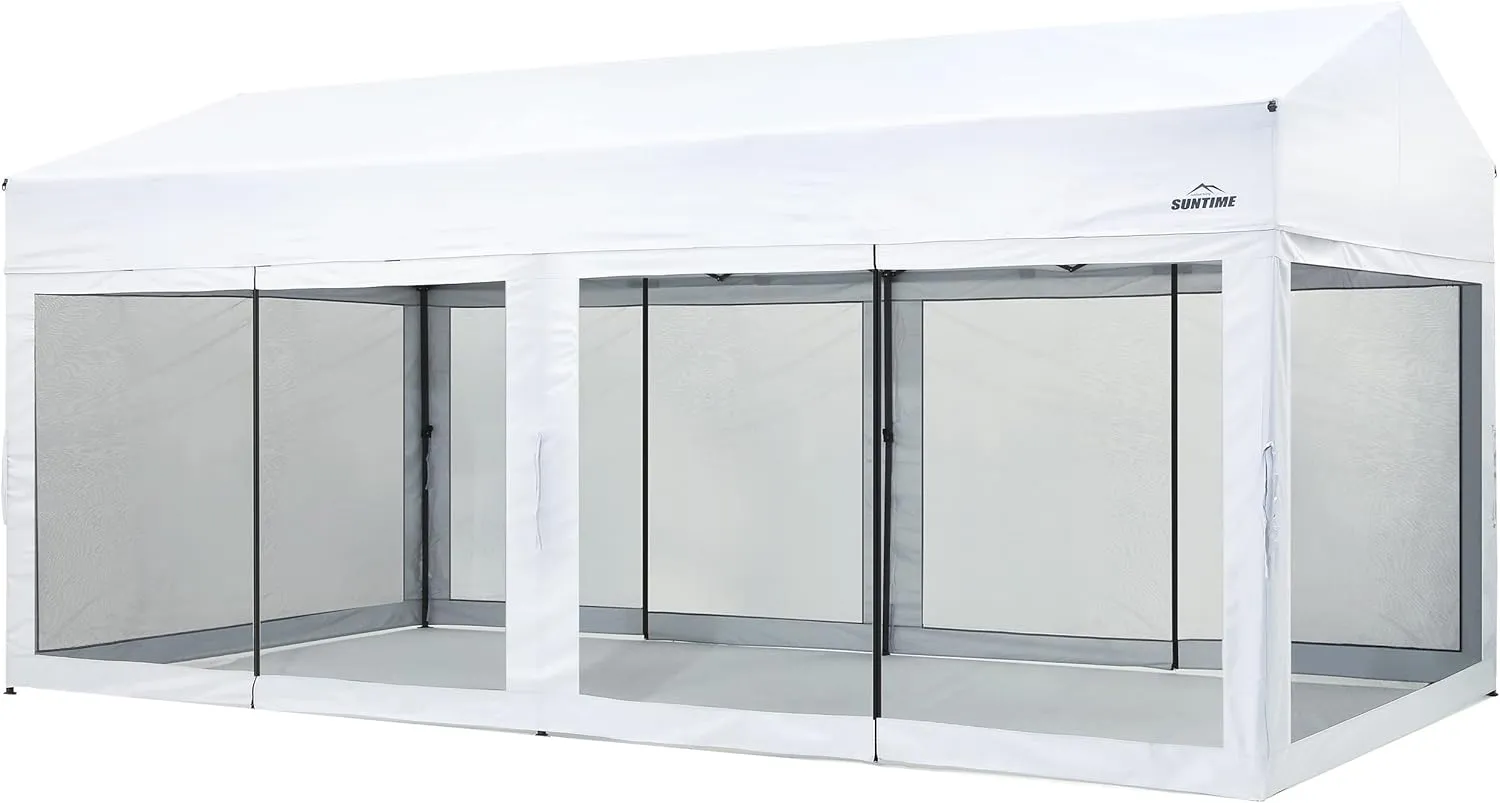 Suntime 10 Foot by 20 Foot Easy Pop Up Rectangular Canopy with Removable Sidewalls and Wheeled Carry Bag for Commercial and Recreational Use, White