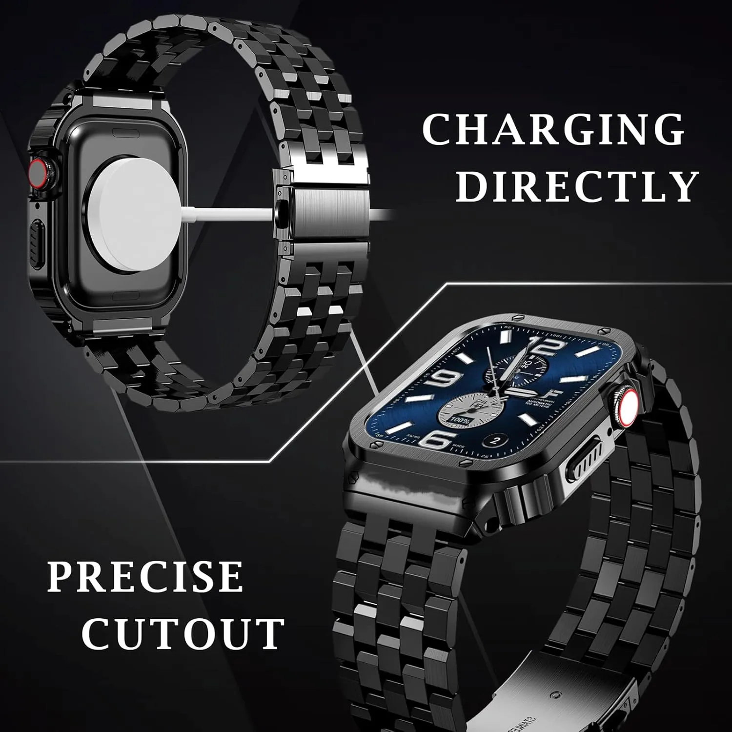 SUPLINK Stainless Steel Case Bands Compatible with Apple Watch Series 10 Band 46mm, Rugged Protective Metal Case Adjustable Strap for iWatch Apple Watch Series 10 Men, Black