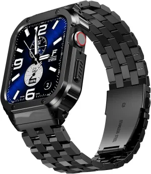 SUPLINK Stainless Steel Case Bands Compatible with Apple Watch Series 10 Band 46mm, Rugged Protective Metal Case Adjustable Strap for iWatch Apple Watch Series 10 Men, Black
