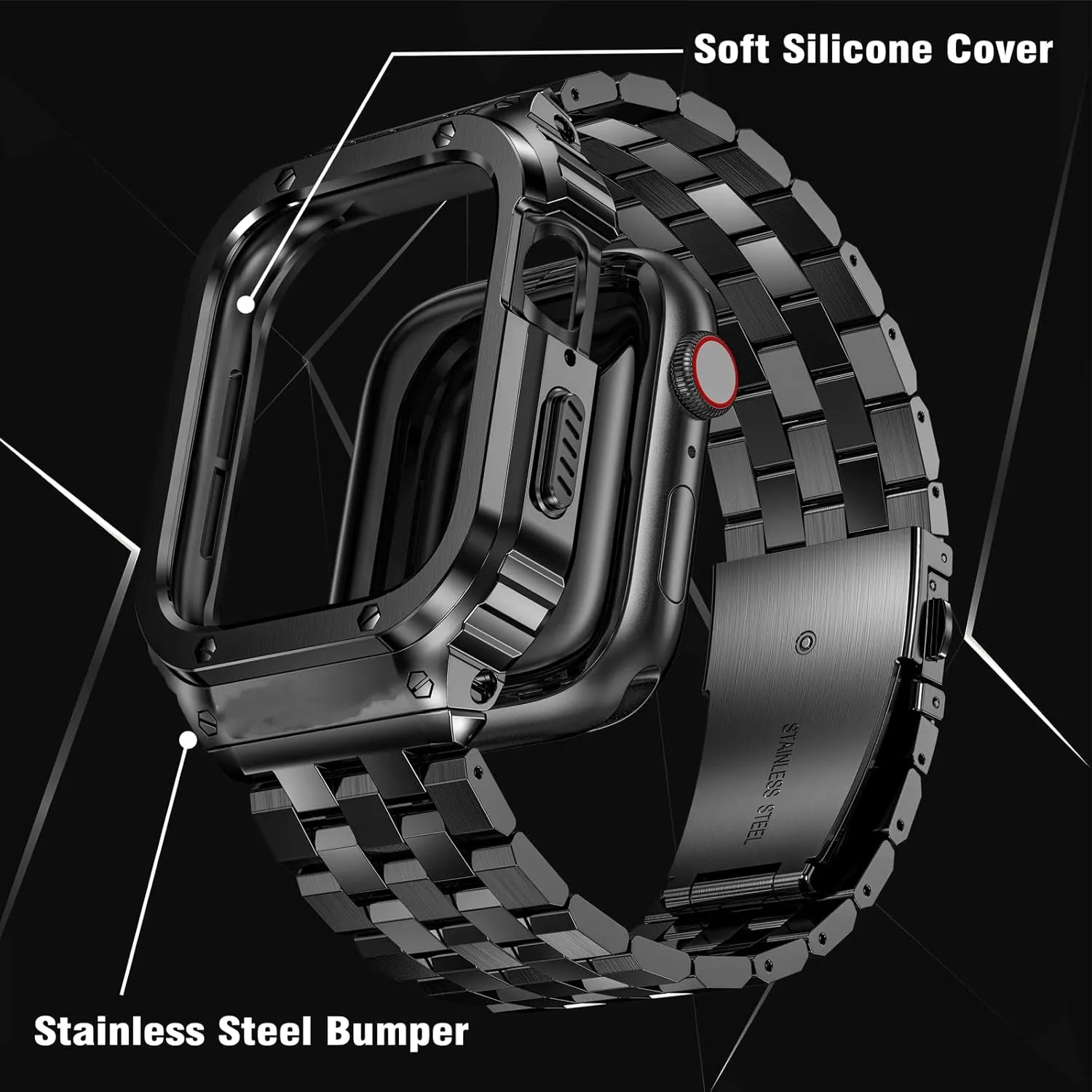 SUPLINK Stainless Steel Case Bands Compatible with Apple Watch Series 10 Band 46mm, Rugged Protective Metal Case Adjustable Strap for iWatch Apple Watch Series 10 Men, Black