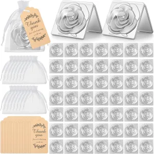 Suzile 50 Sets Rose Compact Mirrors Bulk Wedding Party Favors for Guest Including Flower Shape Travel Portable Purse Mirror with Thank You Tag Organza Bag Gift Souvenir Cute Flower Mirror (Silver)