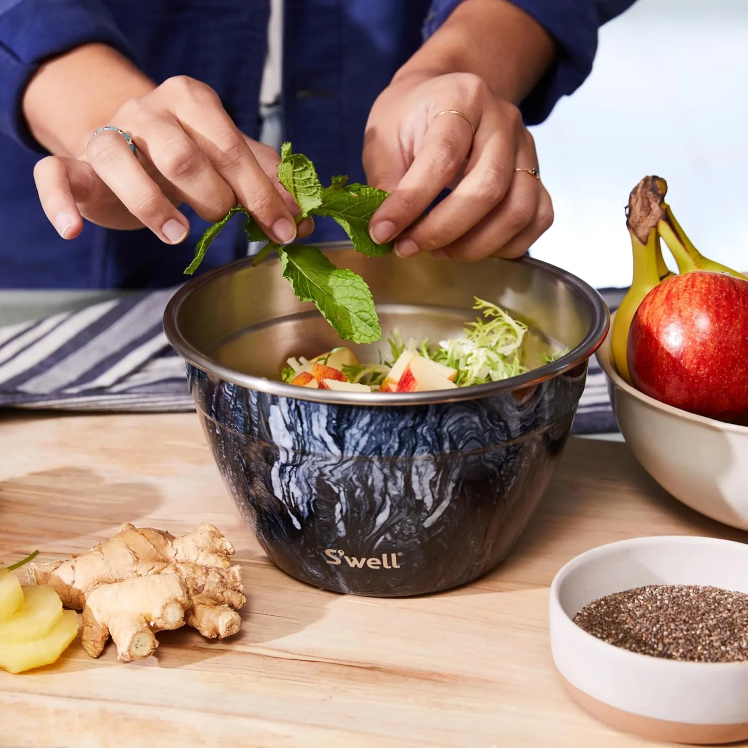 S'well Stainless Steel Salad Bowl Kit - 64oz, Azurite - Comes with 2oz Condiment Container and Removable Tray for Organization - Leak-Proof, Easy to Clean, Dishwasher Safe