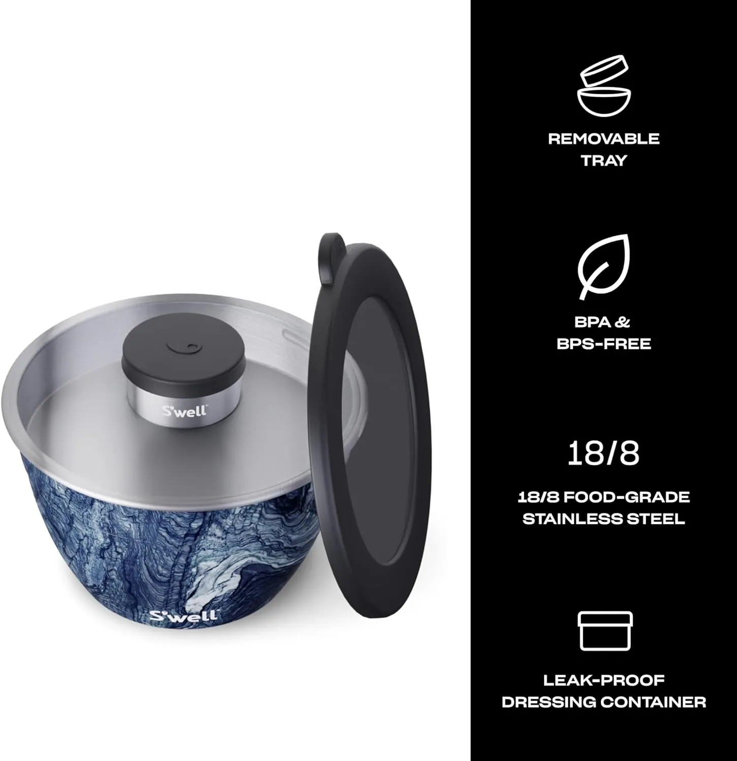 S'well Stainless Steel Salad Bowl Kit - 64oz, Azurite - Comes with 2oz Condiment Container and Removable Tray for Organization - Leak-Proof, Easy to Clean, Dishwasher Safe