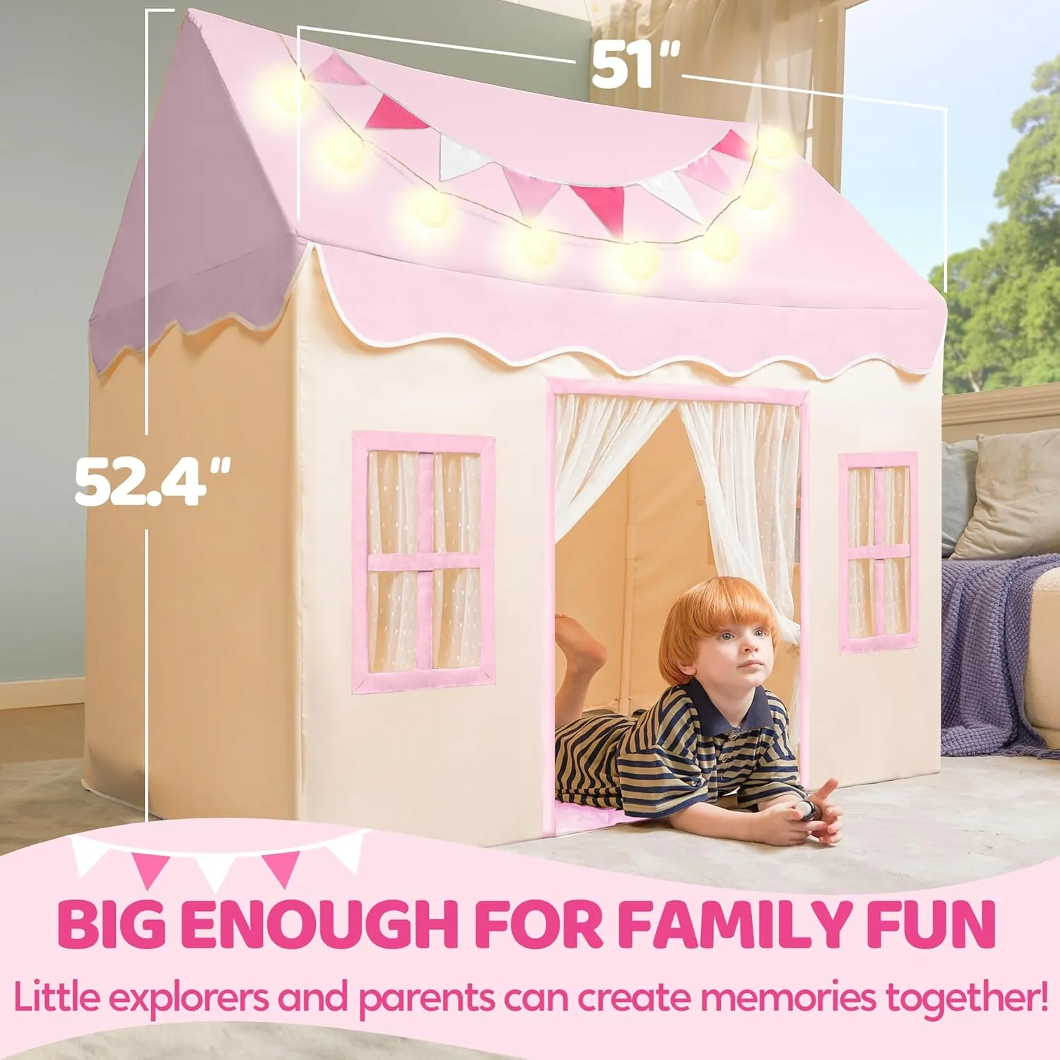 SYNCFUN Play Tent for Kids,Indoor & Outdoor Tent with Blanket,LED Lights & Flags for Toddler,Spacious 51*35*52 Inch,Playhouse for Kids,Ideal Private Space for Reading & Play for Boys & Girls Age 3-7