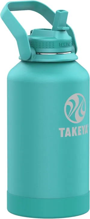 Takeya Newman Pickleball Insulated Water Bottle with Sport Straw Lid and Extra Large Carry Handle, 64 oz, Dropshot Teal