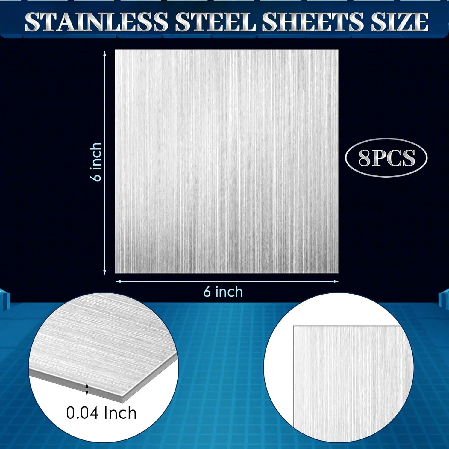 Tandefio 304 Stainless Steel Sheets Double Side Film Attached 304L Stainless Steel Plates Steel Blanks Metal Sheets for Crafting Kitchen DIY Kitchen(8 Pcs,6 x 6 x 0.04 Inch)