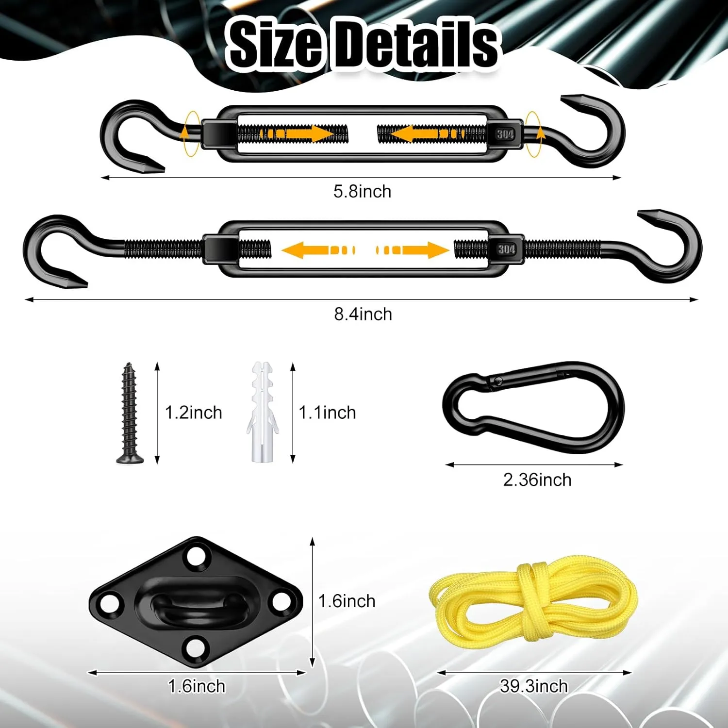 Tandefio 92 Pcs Sun Shade Sail Hardware Kit Heavy Duty Anti Rust Retractable Stainless Steel Outdoor Shade Sail for Triangle Rectangle Installation (Black)