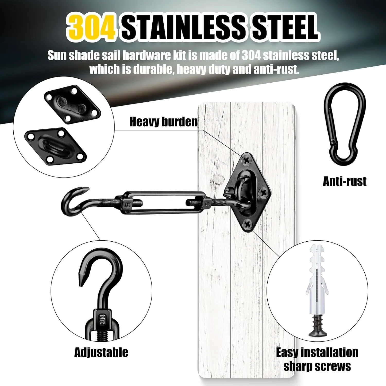 Tandefio 92 Pcs Sun Shade Sail Hardware Kit Heavy Duty Anti Rust Retractable Stainless Steel Outdoor Shade Sail for Triangle Rectangle Installation (Black)