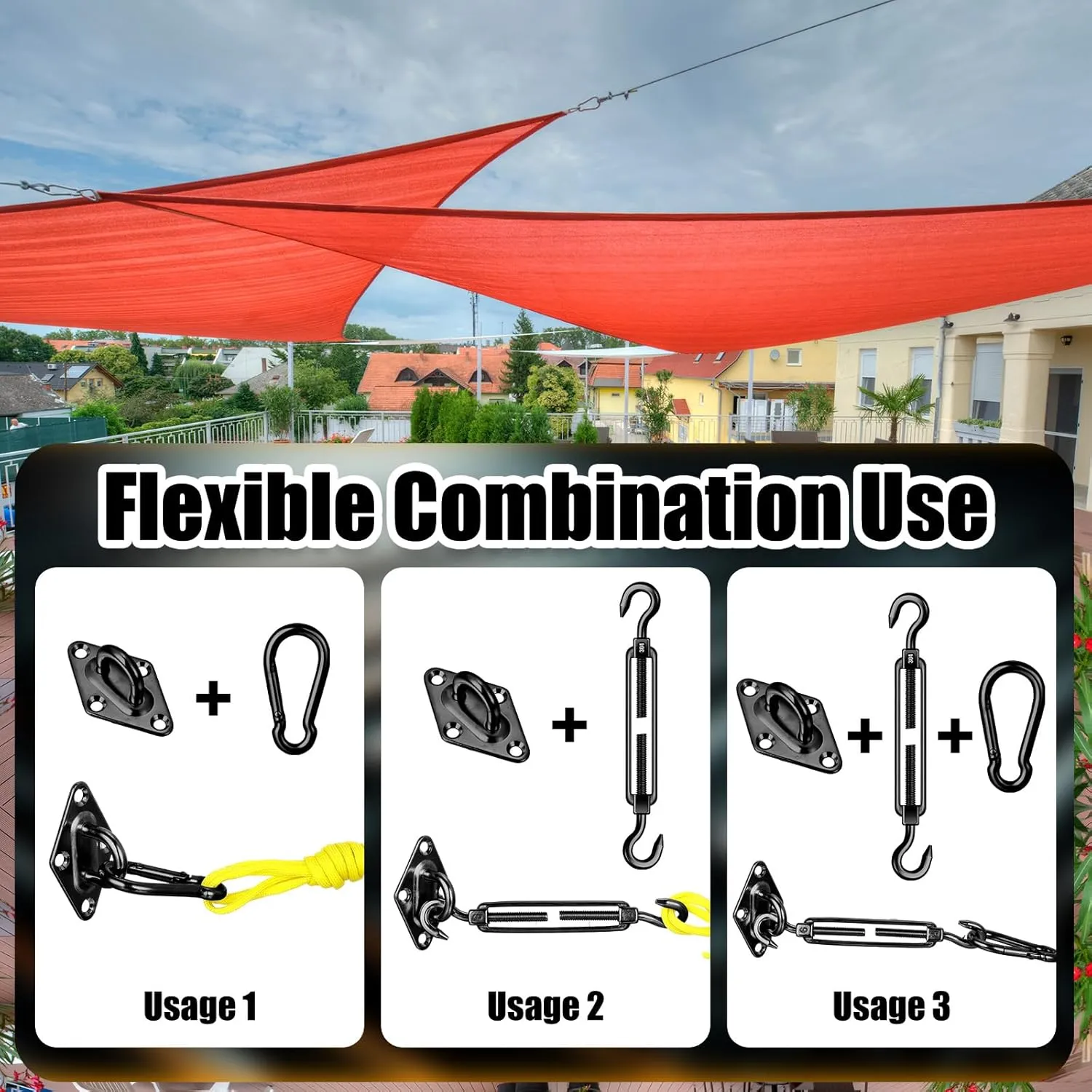 Tandefio 92 Pcs Sun Shade Sail Hardware Kit Heavy Duty Anti Rust Retractable Stainless Steel Outdoor Shade Sail for Triangle Rectangle Installation (Black)