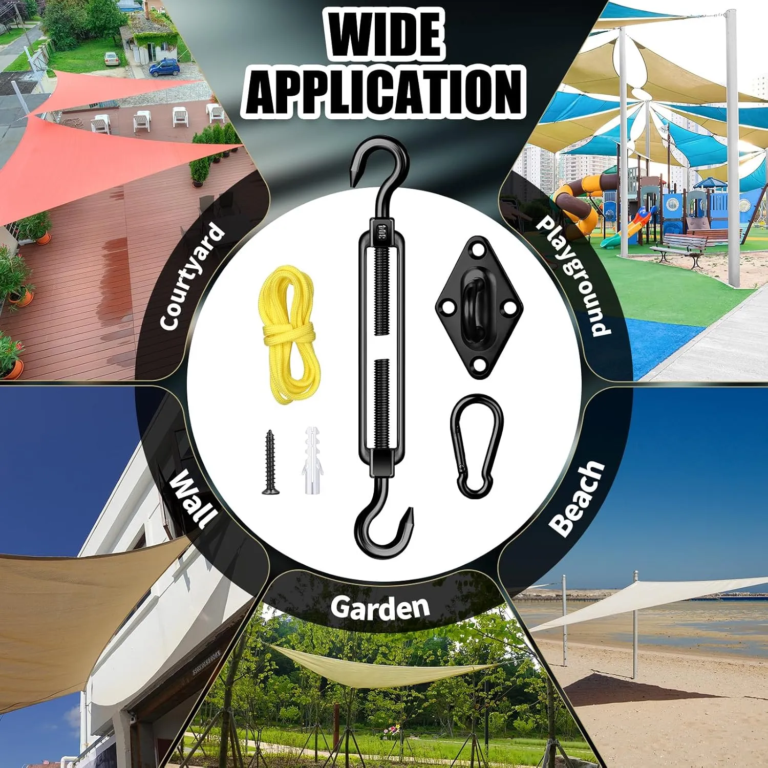 Tandefio 92 Pcs Sun Shade Sail Hardware Kit Heavy Duty Anti Rust Retractable Stainless Steel Outdoor Shade Sail for Triangle Rectangle Installation (Black)