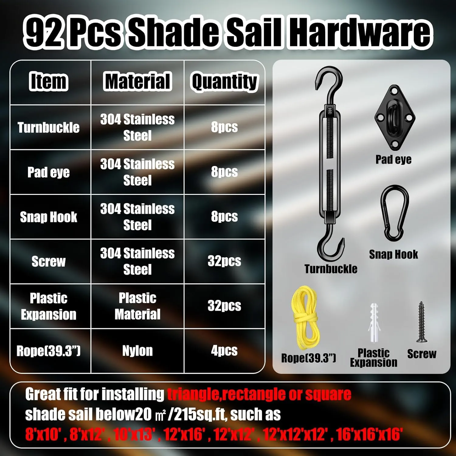 Tandefio 92 Pcs Sun Shade Sail Hardware Kit Heavy Duty Anti Rust Retractable Stainless Steel Outdoor Shade Sail for Triangle Rectangle Installation (Black)