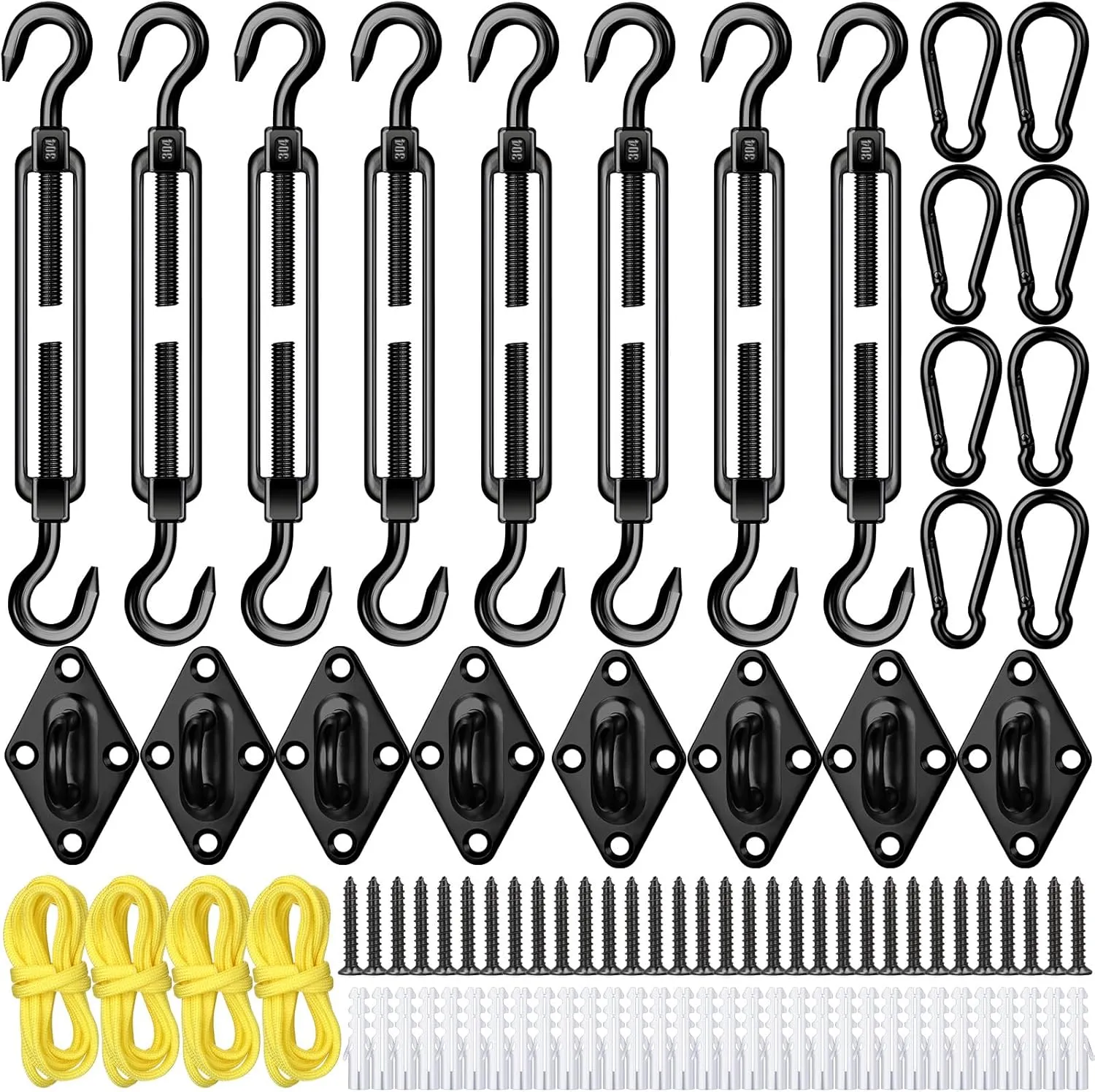 Tandefio 92 Pcs Sun Shade Sail Hardware Kit Heavy Duty Anti Rust Retractable Stainless Steel Outdoor Shade Sail for Triangle Rectangle Installation (Black)