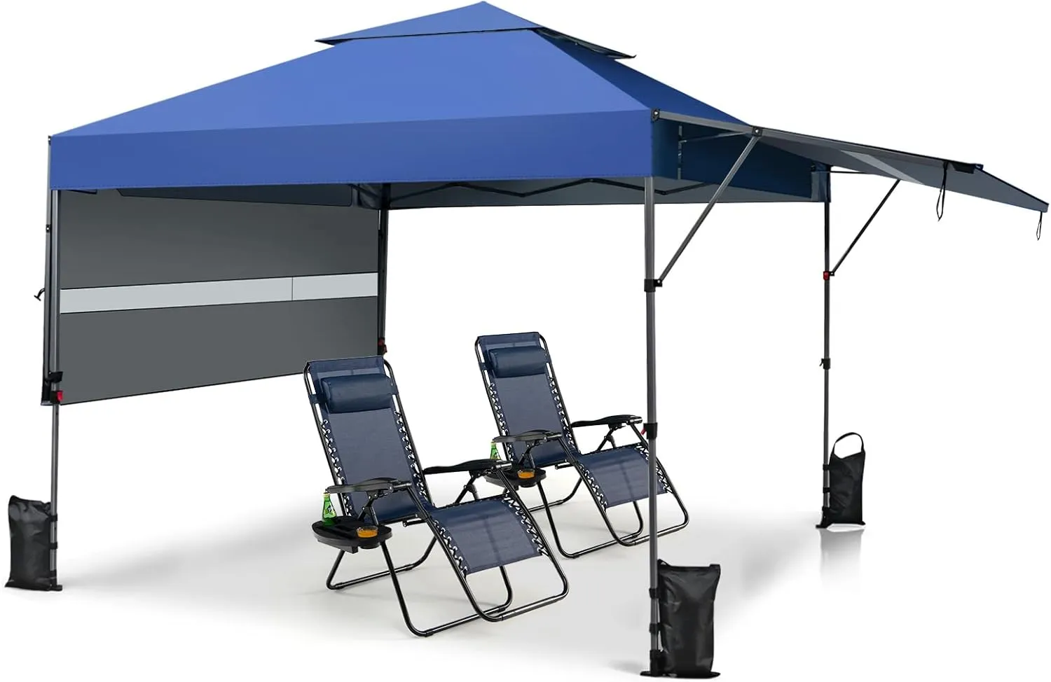 Tangkula 10x17.6 Ft Pop Up Canopy with Adjustable Dual Awnings, 2 Tier Outdoor Canopy Tent with 8 Stakes, 4 Ropes, 4 Sand Bags, Wheeled Bag, Easy Setup Instant Tent for Patio, Market, Picnic