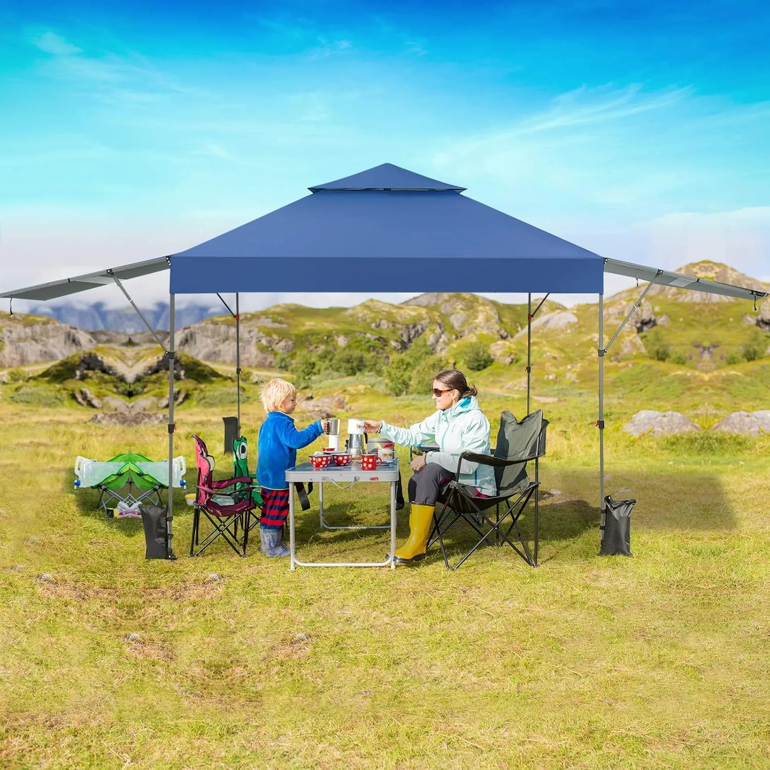 Tangkula 10x17.6 Ft Pop Up Canopy with Adjustable Dual Awnings, 2 Tier Outdoor Canopy Tent with 8 Stakes, 4 Ropes, 4 Sand Bags, Wheeled Bag, Easy Setup Instant Tent for Patio, Market, Picnic