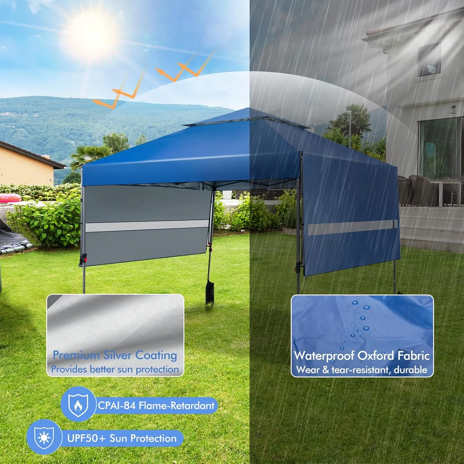 Tangkula 10x17.6 Ft Pop Up Canopy with Adjustable Dual Awnings, 2 Tier Outdoor Canopy Tent with 8 Stakes, 4 Ropes, 4 Sand Bags, Wheeled Bag, Easy Setup Instant Tent for Patio, Market, Picnic