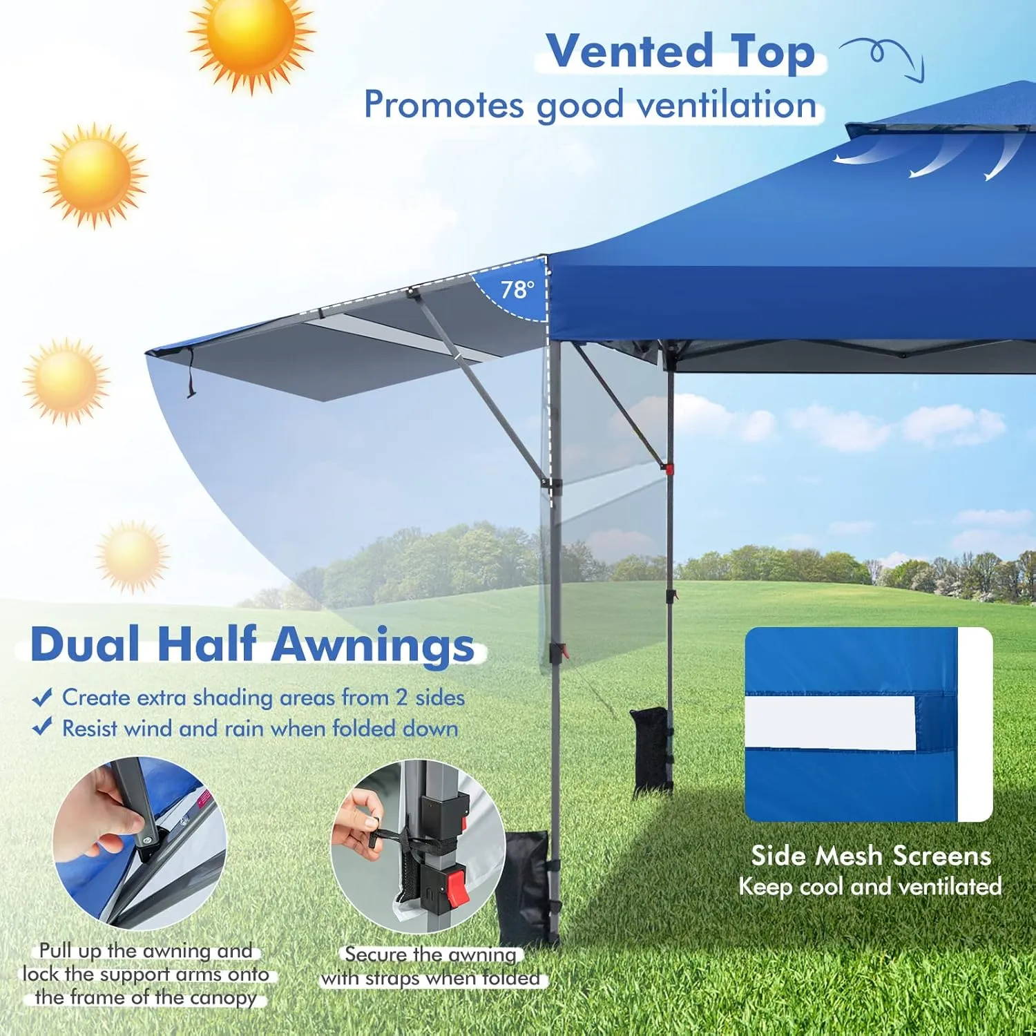 Tangkula 10x17.6 Ft Pop Up Canopy with Adjustable Dual Awnings, 2 Tier Outdoor Canopy Tent with 8 Stakes, 4 Ropes, 4 Sand Bags, Wheeled Bag, Easy Setup Instant Tent for Patio, Market, Picnic
