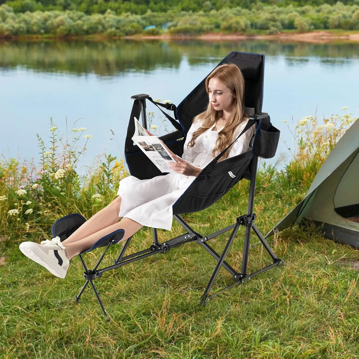 Tangkula Hammock Camping Chair, Portable Camp Chair with Retractable Footrest, Adjustable Back, Headrest, Cup Holder & Carry Bag, Outdoor Folding Lawn Chair for Camping, Fishing, Hiking