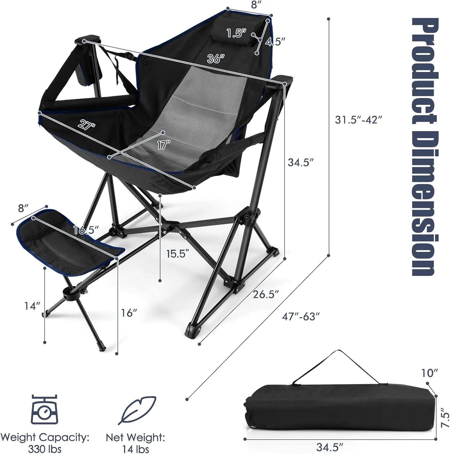 Tangkula Hammock Camping Chair, Portable Camp Chair with Retractable Footrest, Adjustable Back, Headrest, Cup Holder & Carry Bag, Outdoor Folding Lawn Chair for Camping, Fishing, Hiking
