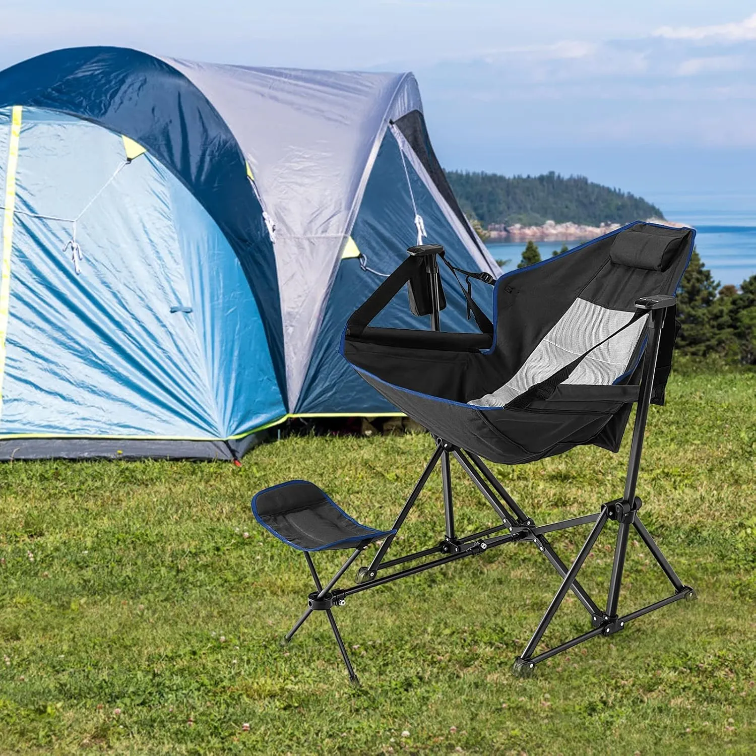 Tangkula Hammock Camping Chair, Portable Camp Chair with Retractable Footrest, Adjustable Back, Headrest, Cup Holder & Carry Bag, Outdoor Folding Lawn Chair for Camping, Fishing, Hiking