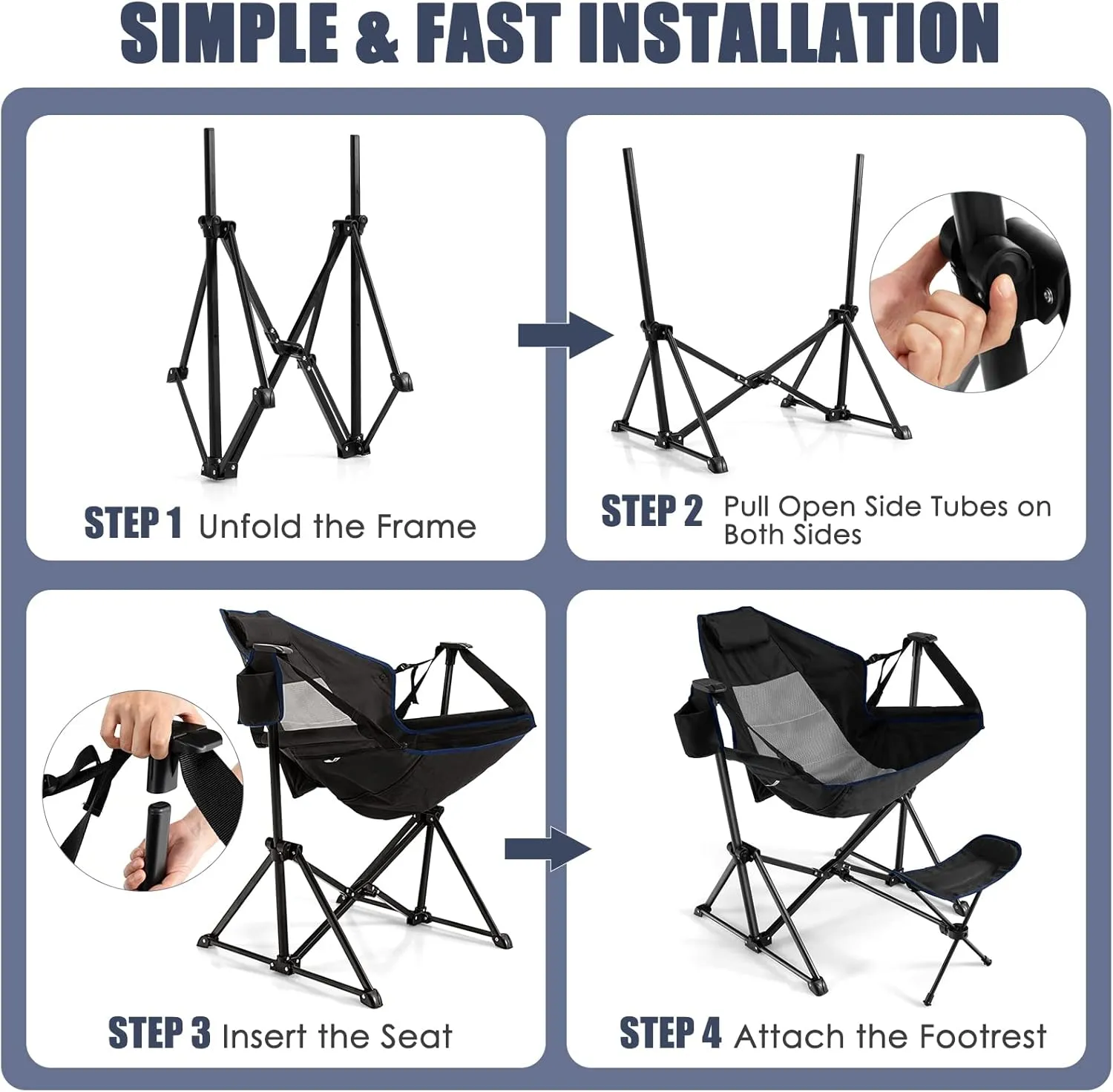 Tangkula Hammock Camping Chair, Portable Camp Chair with Retractable Footrest, Adjustable Back, Headrest, Cup Holder & Carry Bag, Outdoor Folding Lawn Chair for Camping, Fishing, Hiking