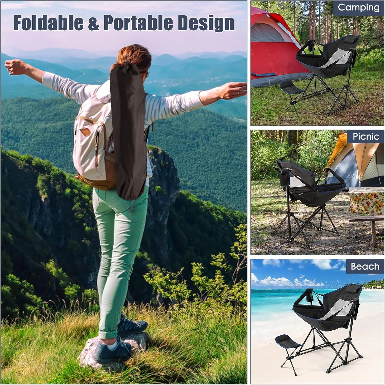 Tangkula Hammock Camping Chair, Portable Camp Chair with Retractable Footrest, Adjustable Back, Headrest, Cup Holder & Carry Bag, Outdoor Folding Lawn Chair for Camping, Fishing, Hiking