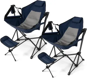 Tangkula Set of 2 Hammock Camping Chair, Portable Camp Chair with Retractable Footrest, Adjustable Back, Headrest, Cup Holder & Carry Bag, Outdoor Folding Lawn Chair for Camping, Fishing, Hiking