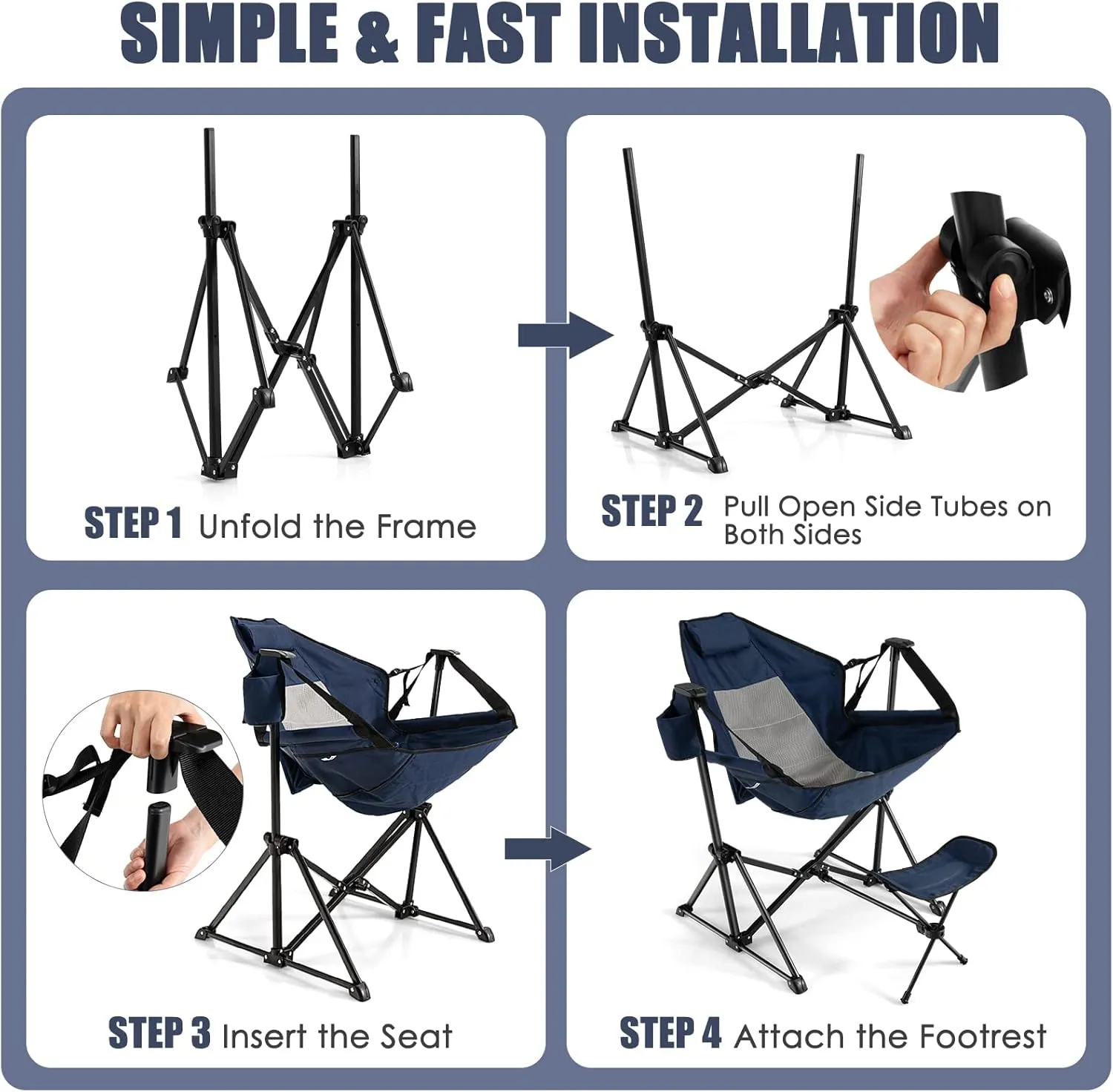 Tangkula Set of 2 Hammock Camping Chair, Portable Camp Chair with Retractable Footrest, Adjustable Back, Headrest, Cup Holder & Carry Bag, Outdoor Folding Lawn Chair for Camping, Fishing, Hiking