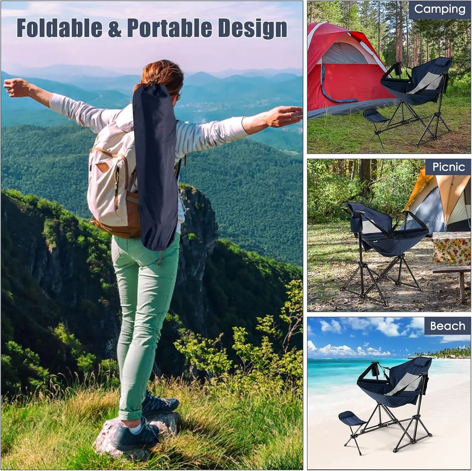 Tangkula Set of 2 Hammock Camping Chair, Portable Camp Chair with Retractable Footrest, Adjustable Back, Headrest, Cup Holder & Carry Bag, Outdoor Folding Lawn Chair for Camping, Fishing, Hiking