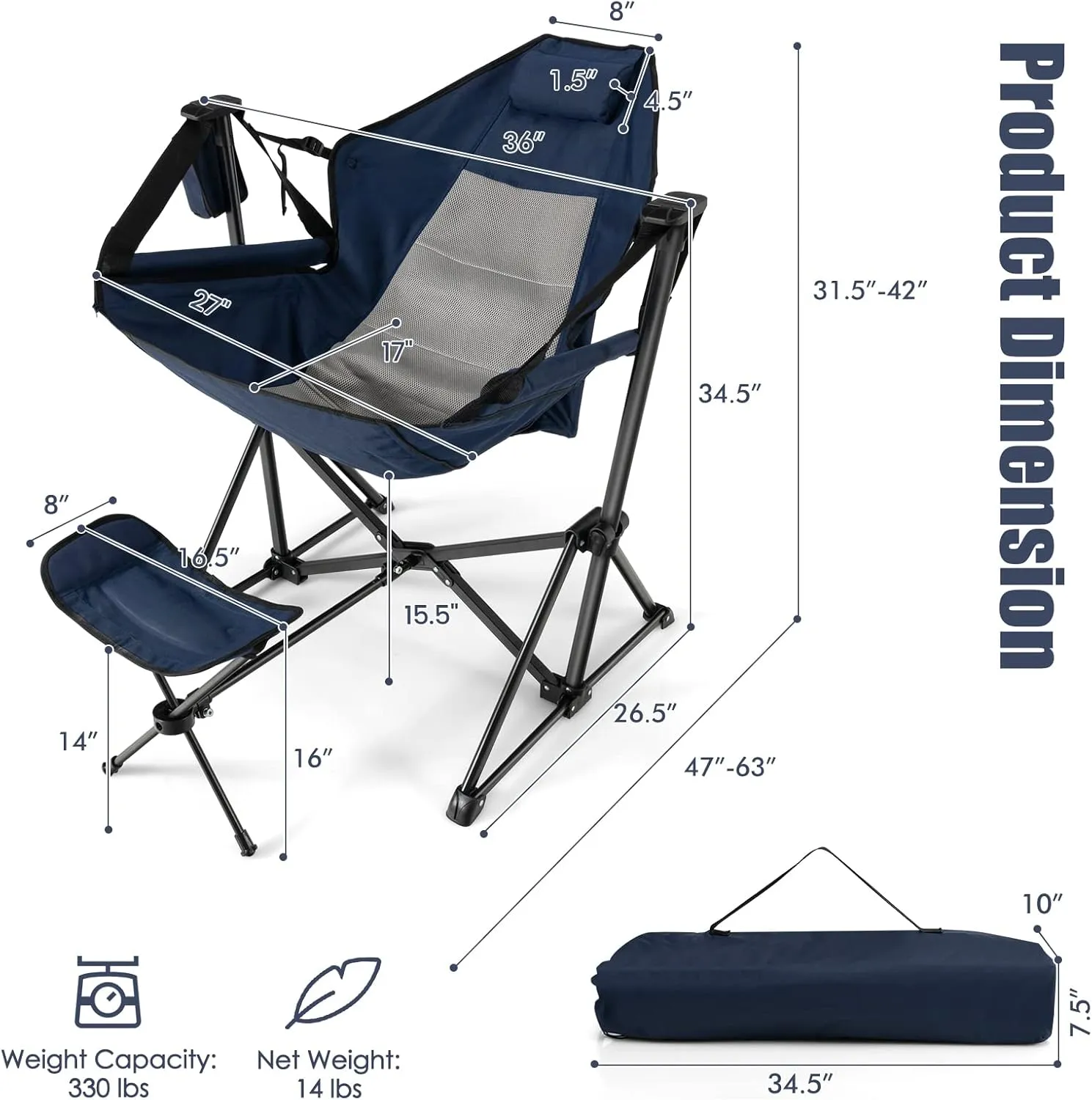 Tangkula Set of 2 Hammock Camping Chair, Portable Camp Chair with Retractable Footrest, Adjustable Back, Headrest, Cup Holder & Carry Bag, Outdoor Folding Lawn Chair for Camping, Fishing, Hiking