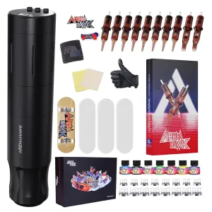 Tattoo Gun Kit - Arenahawk Complete Wireless Beginner Tattoo Machine Kit, Battery Power Supply Lightweight Tattoo Pen, Skatebord Practice Skin, Tattoo Needles Cartridges with Gift Box