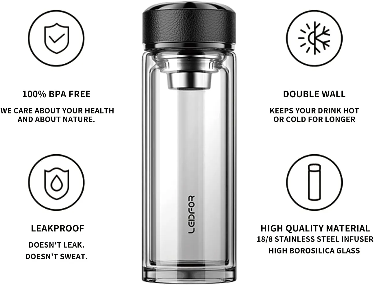 Tea Tumbler With Infuser - BPA Free Double Wall Glass Travel Mug With Stainless Steel Filter - Leakproof Bottle With Strainer for Loose Leaf and Fruit Water 17 oz (Clear)