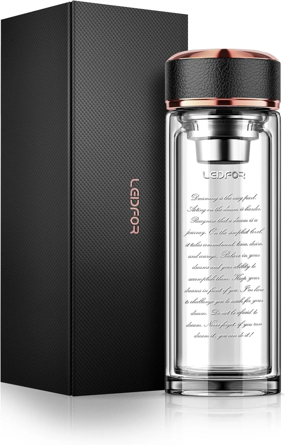 Tea Tumbler With Infuser - BPA Free Double Wall Glass Travel Mug With Stainless Steel Filter - Leakproof Bottle With Strainer for Loose Leaf and Fruit Water 17 oz (Clear)