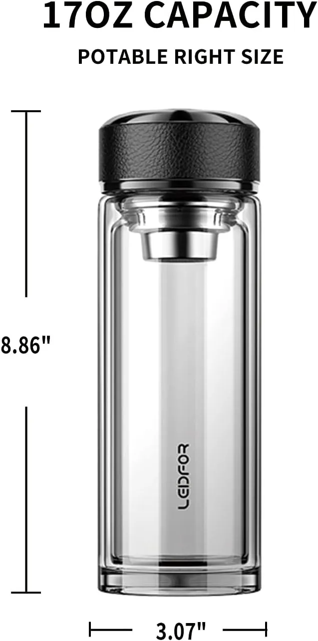 Tea Tumbler With Infuser - BPA Free Double Wall Glass Travel Mug With Stainless Steel Filter - Leakproof Bottle With Strainer for Loose Leaf and Fruit Water 17 oz (Clear)