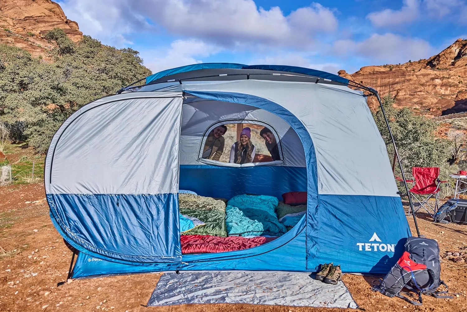 Teton Hacienda 8 Person Family Camping Tent, Large Gear Loft and 4 Storage Pockets, Swinging Door Makes it Easy to Access, Full Mesh Roof, Waterproof Rainfly