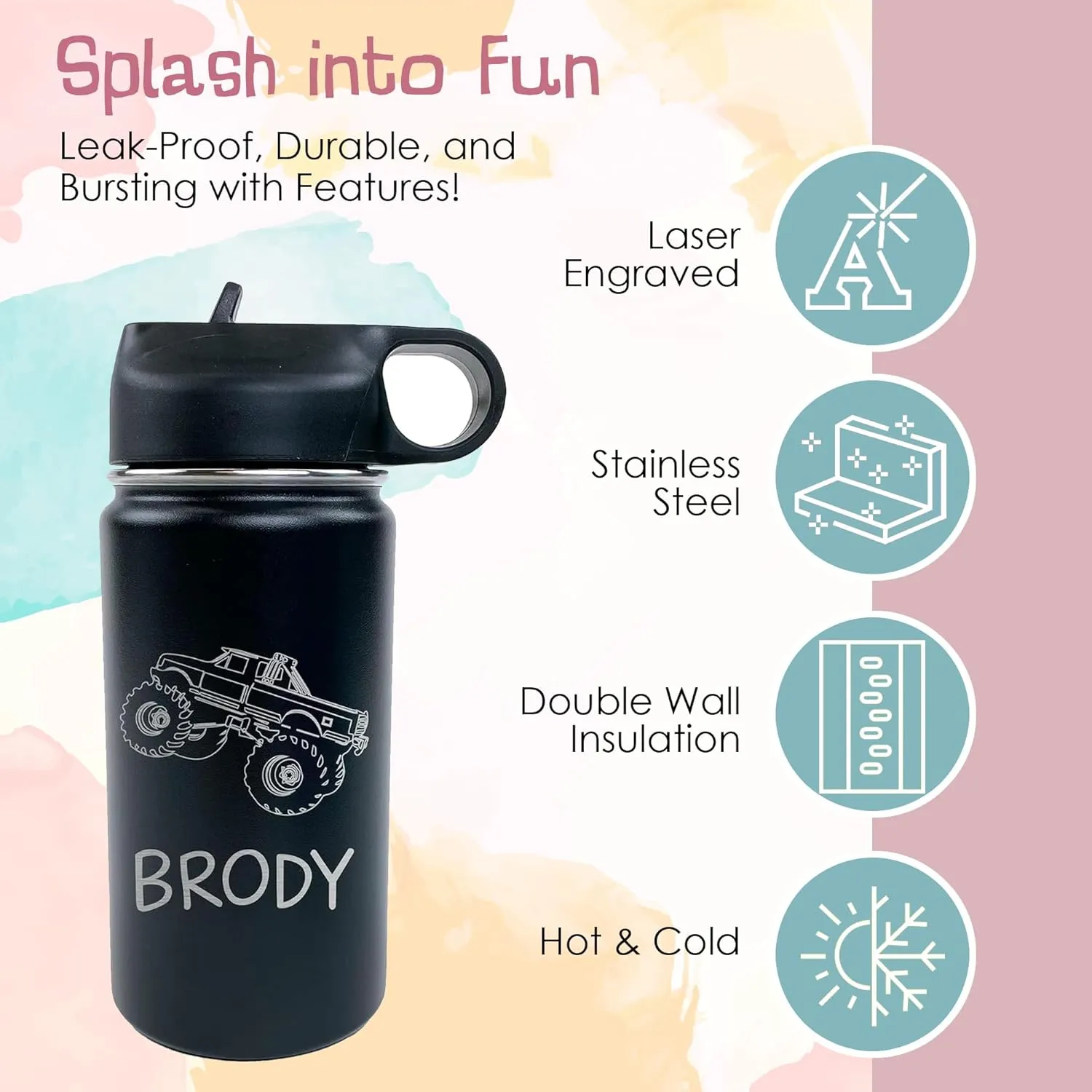 The Crafty Engineer Monster Truck Water Bottle, 12 oz, Personalized Gift for Kids, Double-Wall Stainless Steel, Vacuum Insulation, Navy, School & Sports, Reusable