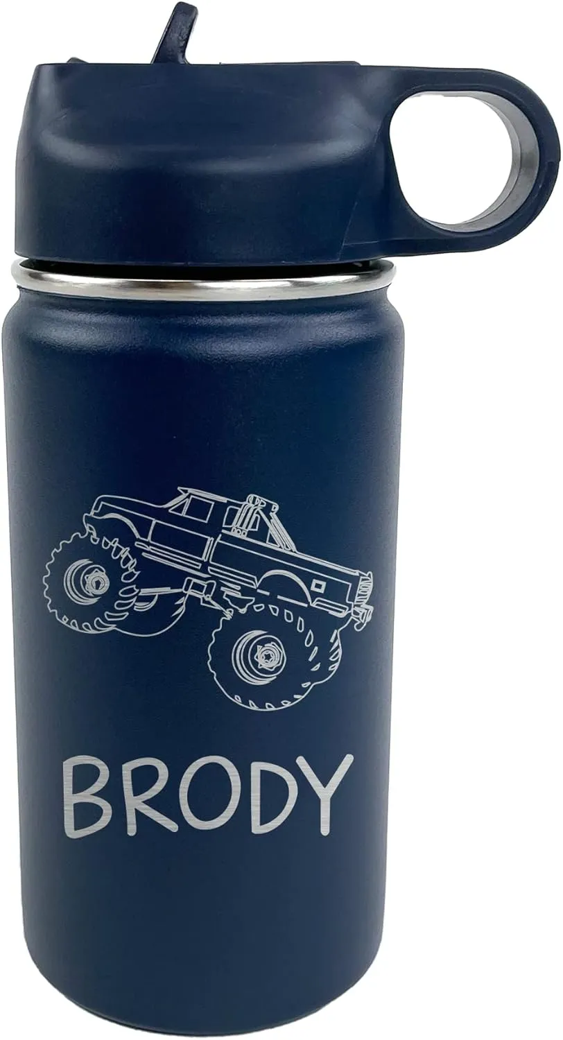 The Crafty Engineer Monster Truck Water Bottle, 12 oz, Personalized Gift for Kids, Double-Wall Stainless Steel, Vacuum Insulation, Navy, School & Sports, Reusable
