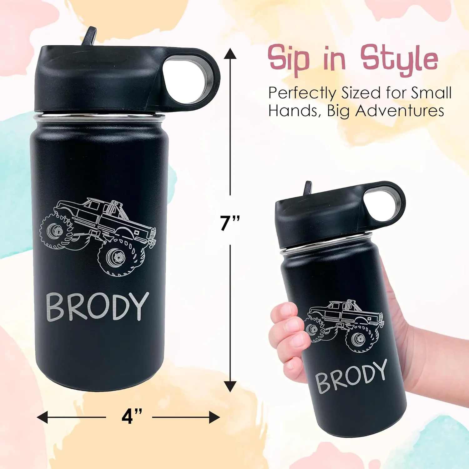 The Crafty Engineer Monster Truck Water Bottle, 12 oz, Personalized Gift for Kids, Double-Wall Stainless Steel, Vacuum Insulation, Navy, School & Sports, Reusable