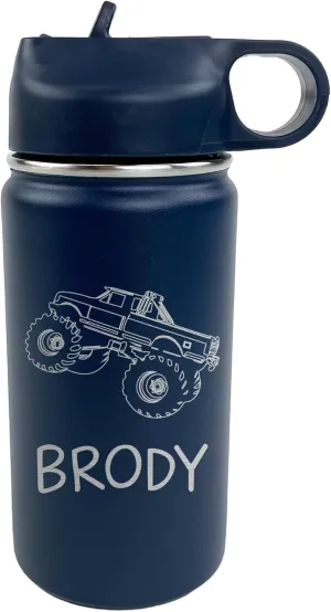 The Crafty Engineer Monster Truck Water Bottle, 12 oz, Personalized Gift for Kids, Double-Wall Stainless Steel, Vacuum Insulation, Navy, School & Sports, Reusable