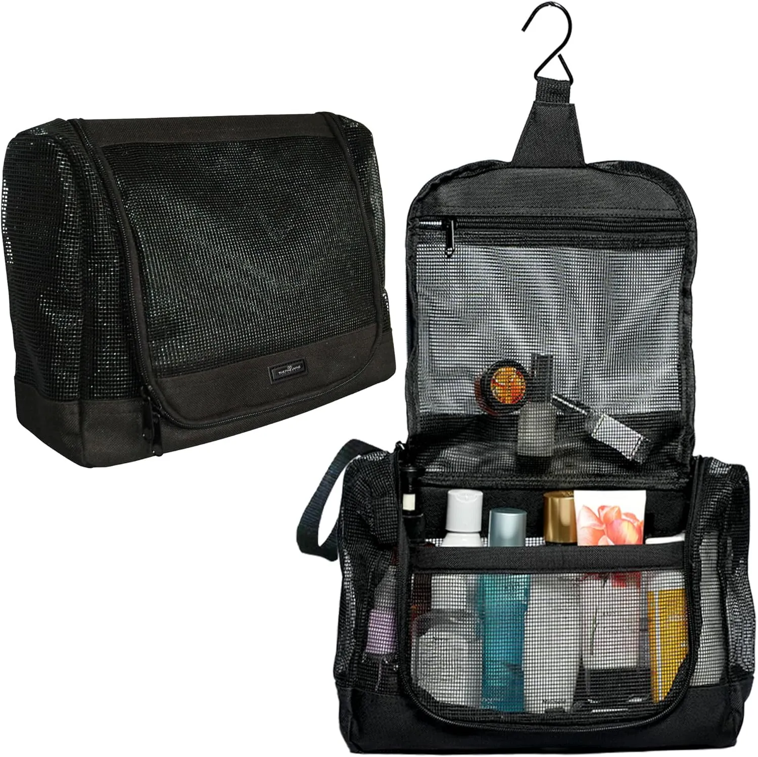 The Fine Living Co. Portable Hanging Shower Caddy Organizer Bag, Quick Dry Mesh Shower Caddy Tote Bag Pouch with Metal Hook for Bathroom College Dorm Camp Gym Camping Toiletry Bath (12”x3”x8”)