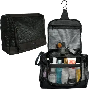 The Fine Living Co. Portable Hanging Shower Caddy Organizer Bag, Quick Dry Mesh Shower Caddy Tote Bag Pouch with Metal Hook for Bathroom College Dorm Camp Gym Camping Toiletry Bath (12”x3”x8”)