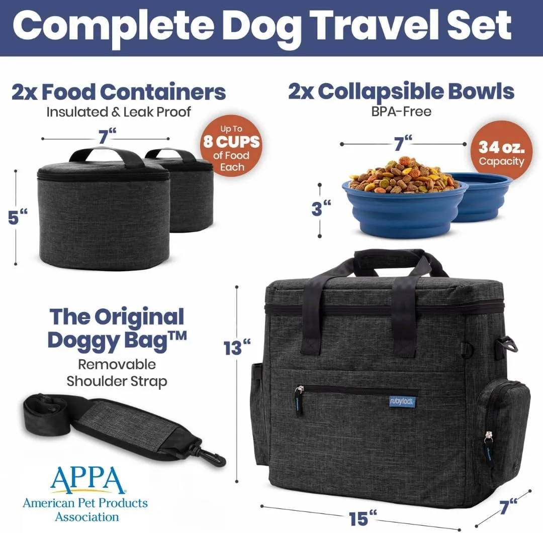 The Original Doggy Bag™ - Dog Travel Bag for Supplies - Ultimate Gift for Dog Owners - Includes 2 BPA-Free Travel Bowls and 2 Food Containers - Pet Travel Kit for Road Trips, Camping, RV