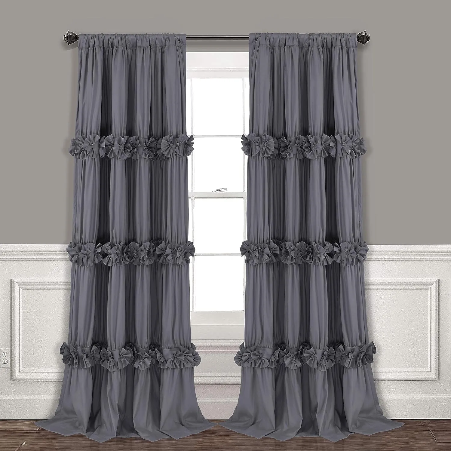 Thermal Insulated Blackout Window Curtains, 54" W x 84" L x 2 Panels, Boho Ruched Window Treatments with 3 Rows of Butterfly Flowers, Rustic Rod Pocket Drapes for Room, Gray (LQ-30)
