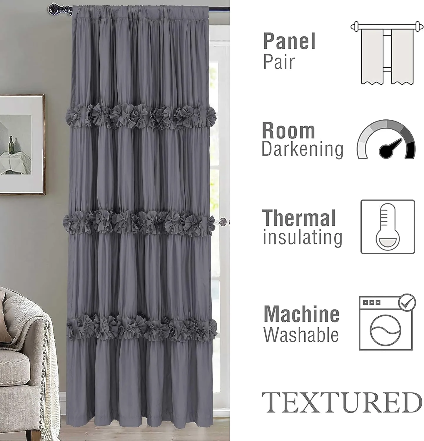 Thermal Insulated Blackout Window Curtains, 54" W x 84" L x 2 Panels, Boho Ruched Window Treatments with 3 Rows of Butterfly Flowers, Rustic Rod Pocket Drapes for Room, Gray (LQ-30)